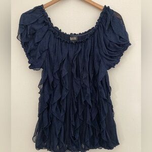 Objects D'Art Womens Sz XL Navy Blue Semi-Sheer Vertical Ruffled Top